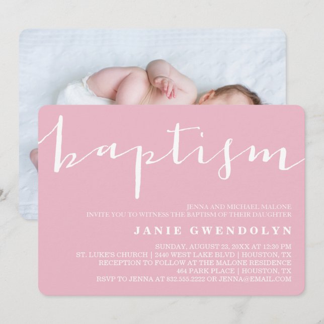 Bella caligrafía rosa bautismo invitación (Anverso / Reverso)