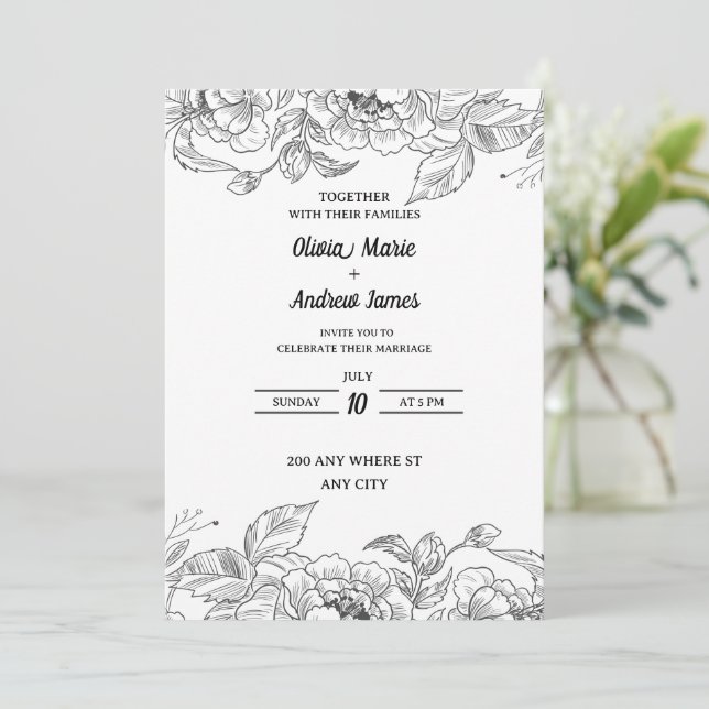 bella y elegante invitación a la boda floral (Anverso de pie)