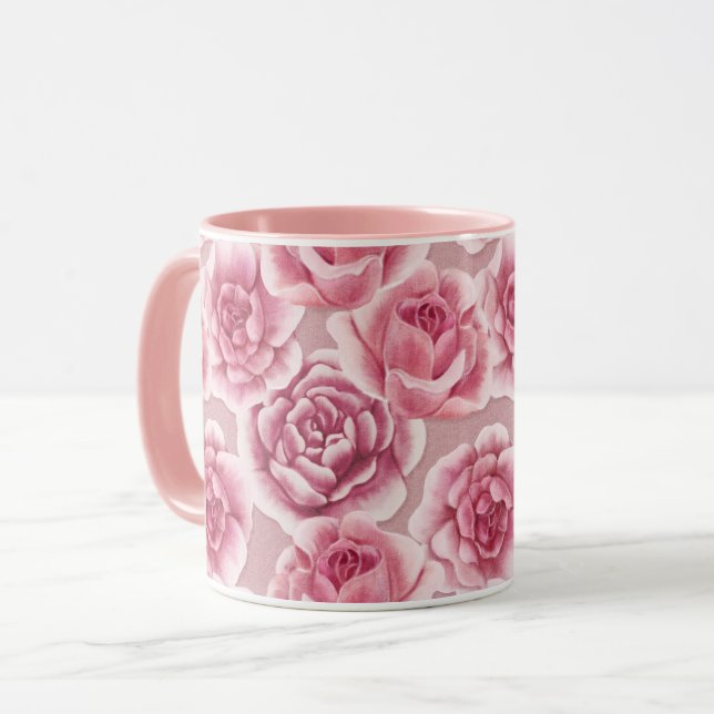 Belleza floral - taza con flores rosadas. (Anverso izquierdo)