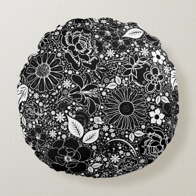 Bellezas botánicas Cojín decorativo redondo negro- (Anverso)