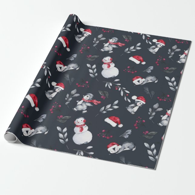 Bellos Navidades Pingüinos Envuelto Papel (Desenrollado)
