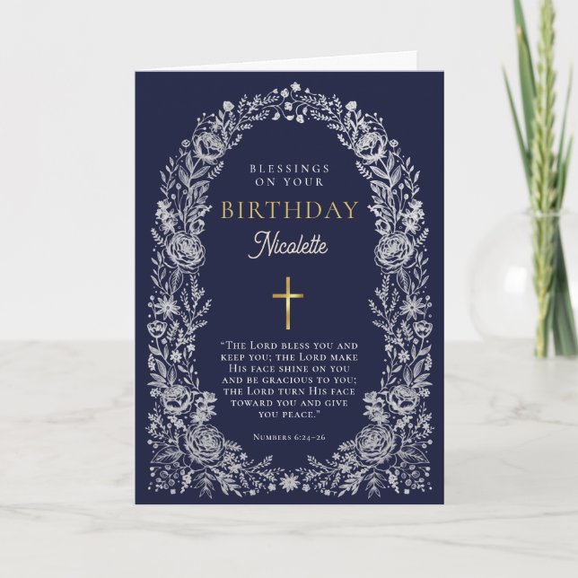Bendiciones de cumpleaños azul tarjeta floral de f (Anverso)