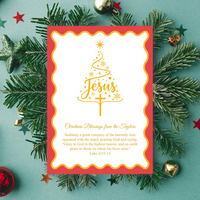 Bendiciones del árbol de Navidad con Escrituras (Jesus Script Christmas Tree Card Gold with Luke 2:13–14)