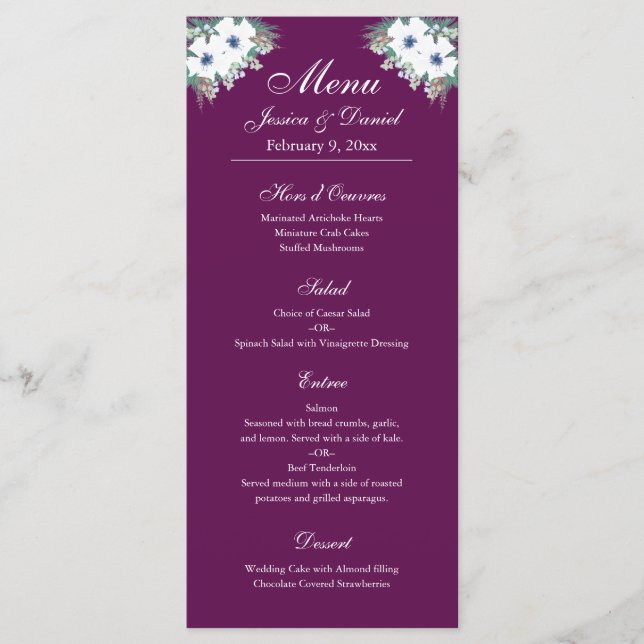 Berenjena y verde florales y tarjeta del menú de (Anverso)