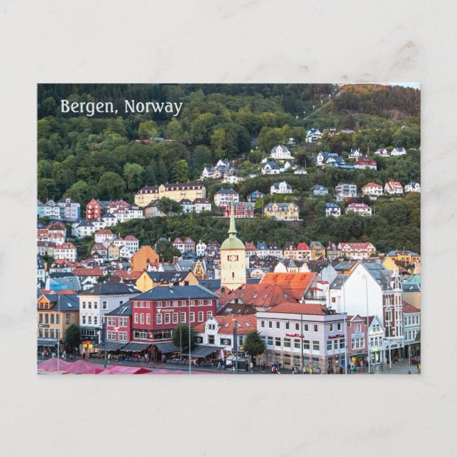 Bergen en la luz del atardecer, Noruega, postal (Anverso)