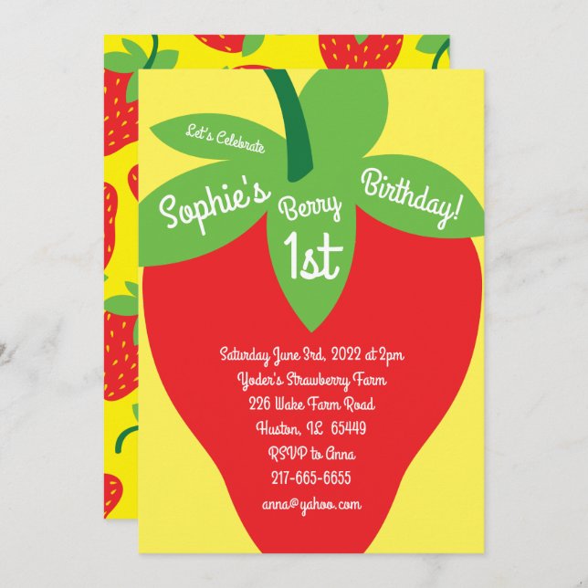 Berry 1er cumpleaños Invitaciones de fresa (Anverso / Reverso)