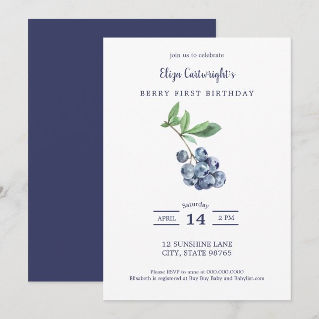 Berry First Birthday Simple Blueberry Invitación (Anverso / Reverso)