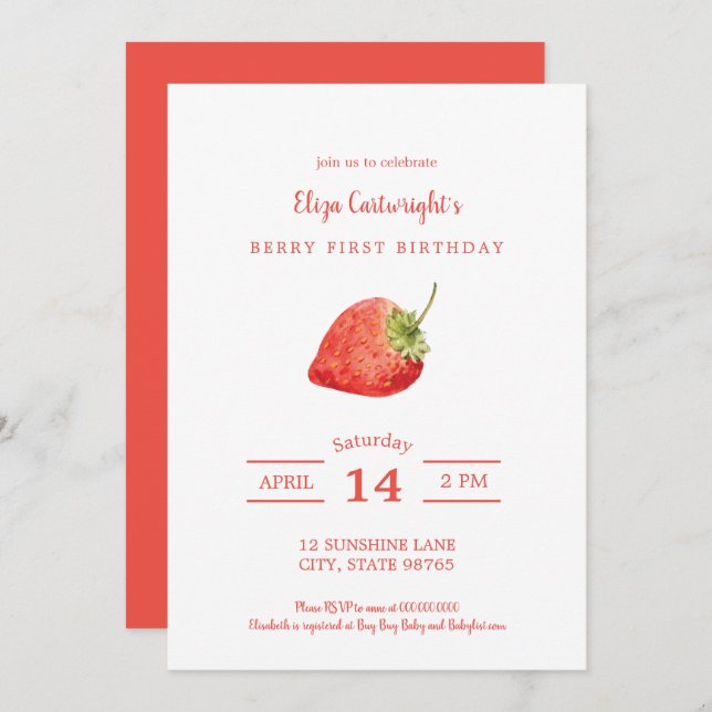 Berry First Birthday Simple Strawberry Invitación (Anverso / Reverso)