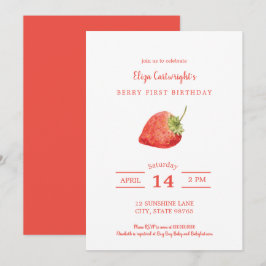 Berry First Birthday Simple Strawberry Invitación