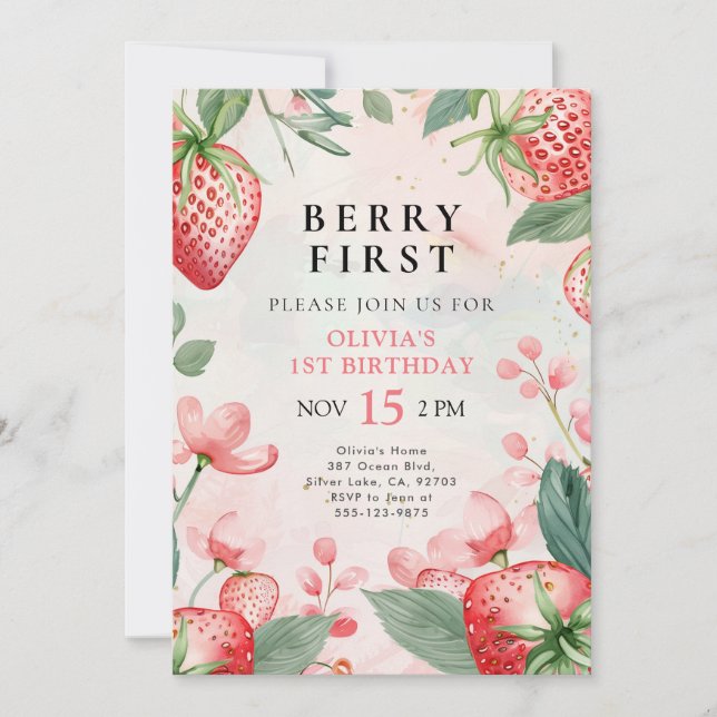 Berry First Pink Floral 1er cumpleaños Invitación (Anverso)