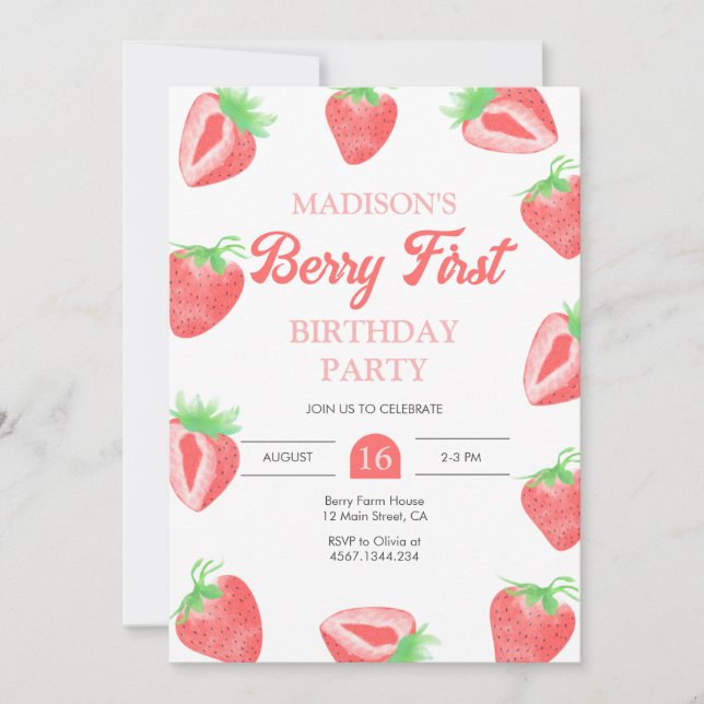 Berry First Strawberry 1er cumpleaños invitación (Anverso)