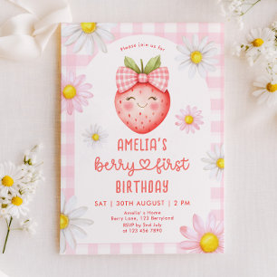 Berry First Strawberry Birthday Invitación