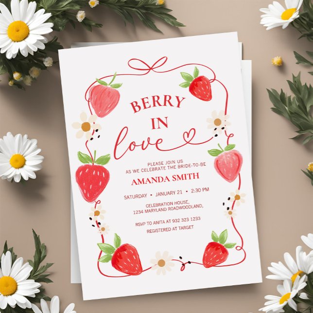 Berry In Love Red Bow Bridal Shower Invitación (Subido por el creador)