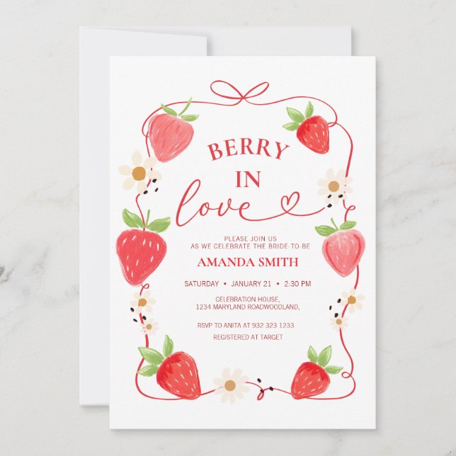 Berry In Love Red Bow Bridal Shower Invitación (Anverso)