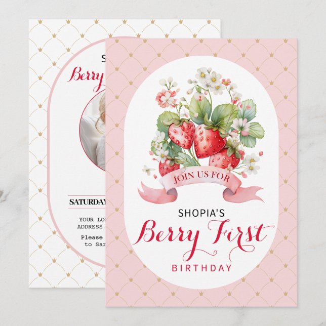 Berry Lovely First Birday Party Invitación (Anverso / Reverso)