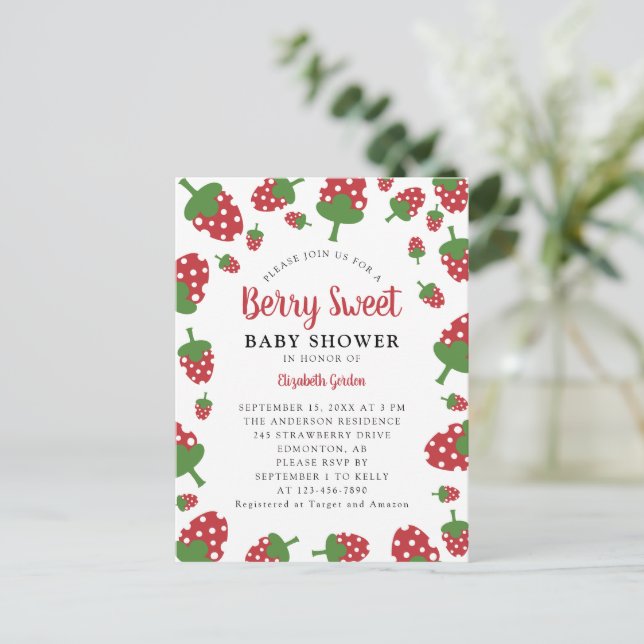 Berry Sweet Baby Shower Invitación Cute Fresa (Anverso de pie)