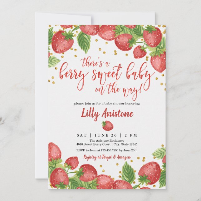 Berry Sweet Baby Strawberry Baby Shower Invitación (Anverso)
