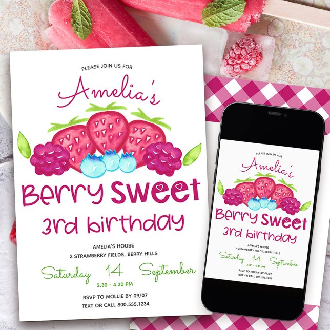 Berry Sweet Chica 3er cumpleaños invitación (Berry Sweet 3rd Birthday Invitation)