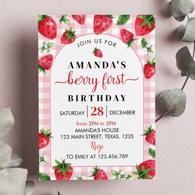 Berry Sweet First Birthday Invitación Fresa (Subido por el creador)