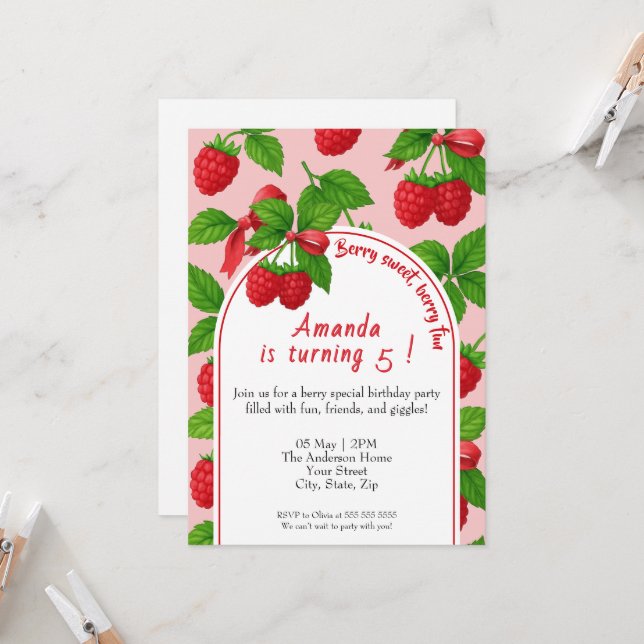 Berry Sweet Raspberry Kids Invitación de cumpleaño (Anverso/Reverso In Situ)