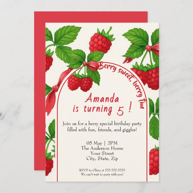 Berry Sweet Raspberry Kids Invitación de cumpleaño (Anverso / Reverso)
