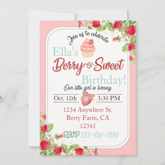 Berry Sweet, tema de fresa Invitación al cumpleaño (Anverso)