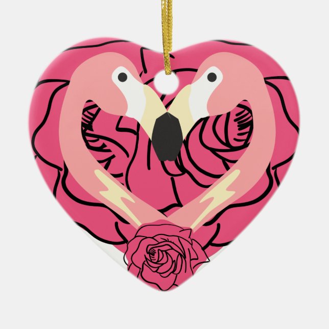 Besada de flamingo y corazones Ornamento cerámico (Frente)