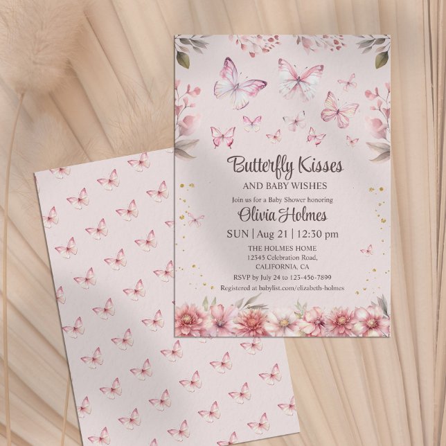Besada de mariposa rosa Bebé Chica Invitación a du (Pink Butterfly Kisses Baby Girl Shower Invitation)