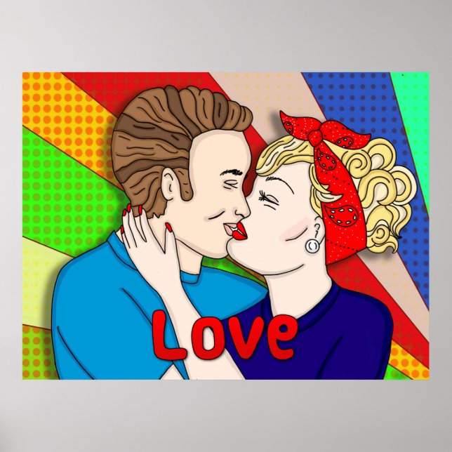 Besada de parejas retro, arte pop de los años 50 (Frente)