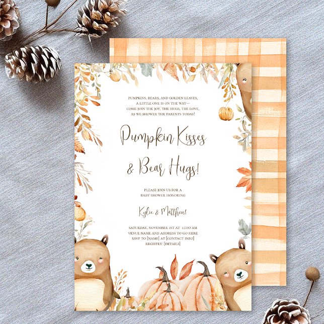 Besos de calabaza y abrazos de oso Invitación a Ba (Pumpkin Kisses & Bear Hugs! Celebrate the parents-to-be with this cozy fall woodland baby shower)