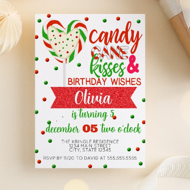 Besos de Caramelo de Cumpleaños Invitación de Fies (Candy Cane Kisses and Birthday Wishes | Candy Cane Heart Candy Birthday Party Invitation)