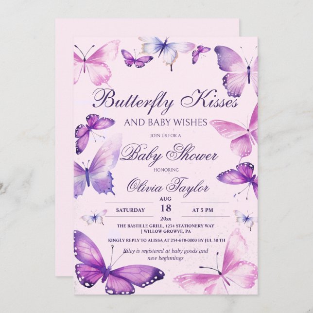 Besos de Mariposa Baby Shower Niña Invitación Mora (Anverso / Reverso)