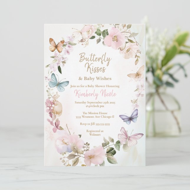 Besos de mariposa invitación a la ducha de bebé (Anverso de pie)