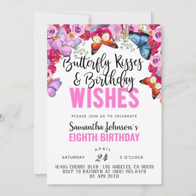 Besos de mariposa Invitación de cumpleaños (Anverso)