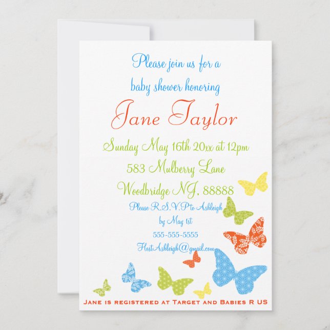 Besos de mariposa invitaciones a ducha para bebés (Anverso)