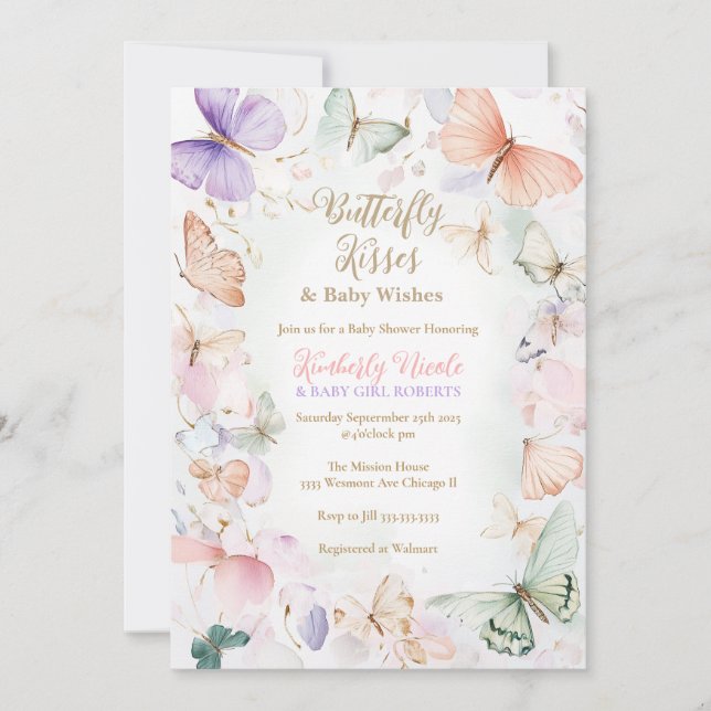 Besos mariposa de invitación a la ducha de bebé de (Anverso)