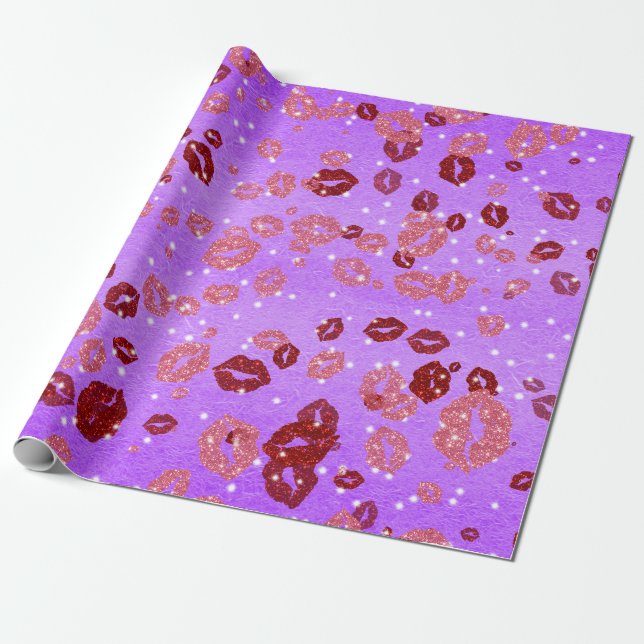 Besos rojos y rosas en papel de envoltura morado 2 (Desenrollado)