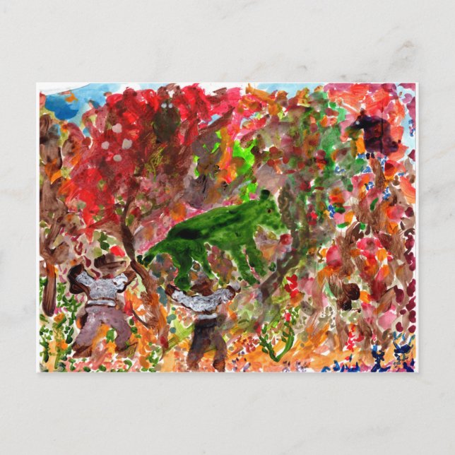 Bestia verde en la postal de los árboles rojos (Anverso)