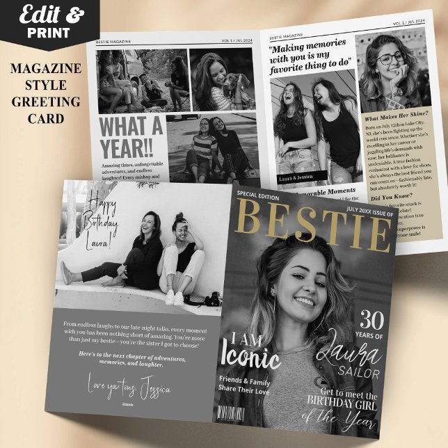 Bestie Personalizado Birthday Magazine Tarjeta de  (Bestie Custom Birthday Magazine Greeting Card, Modern Birthday Card with Photos)