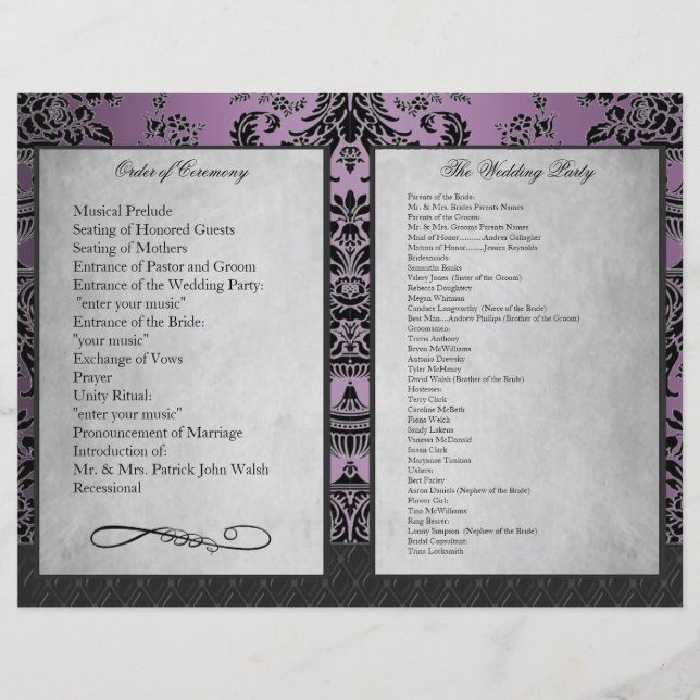 Bi Fold Purple Damask Ceremony Programas (Anverso)