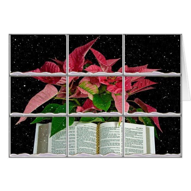 Biblia con Navidades poinsettia y ventana nevada (Anverso (Horizontal))