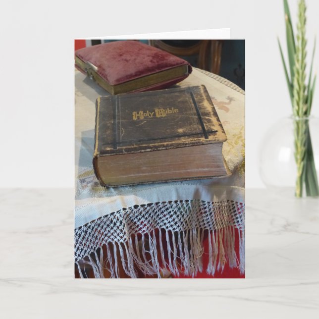 Biblia de familia antigua, tarjeta de saludo en bl (Anverso)