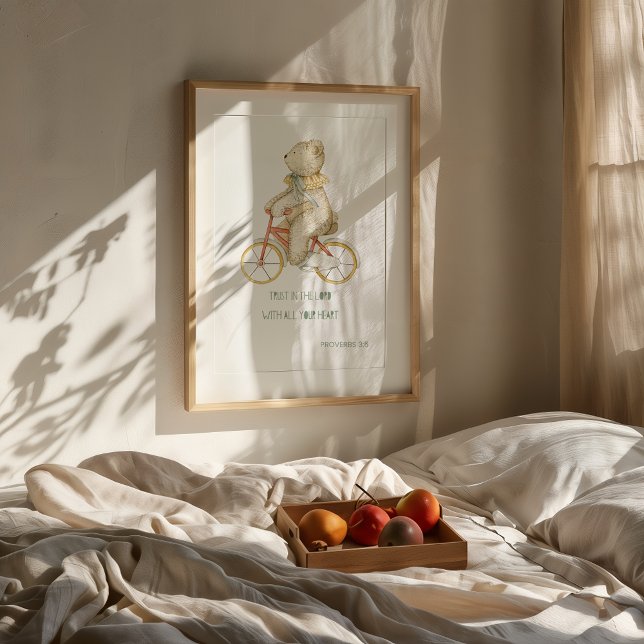 Biblia de oso lindo Verso arte de pared Imprimir (Whimsical bear on a bicycle with Bible verse Proverbs 3:5: "Trust in the Lord with all your heart.")