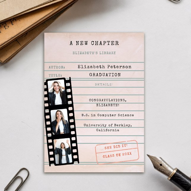 Biblioteca de Libros Tarjeta 3 Fotos Invitación de (graduation announcement vintage library card film strip 3 photos bookish bookworm book lover)