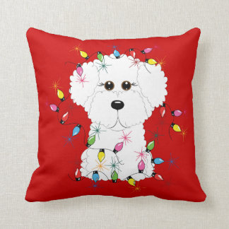 Bichon Frise con el Cojín decorativo de las luces