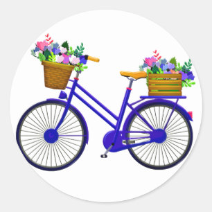 Bicicleta Azul Con Canasta De Flores - Pegatina