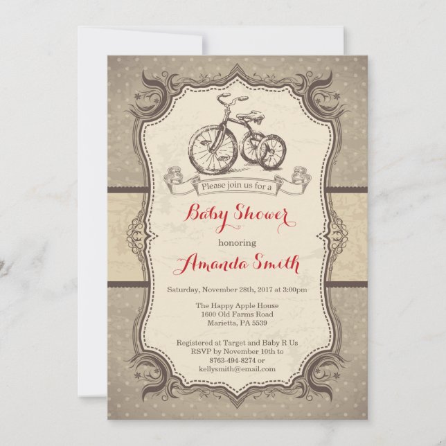 Bicicleta Baby Shower Invitación Retro Vintage (Anverso)