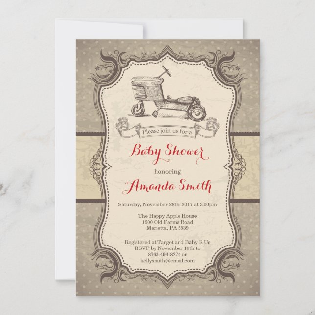 Bicicleta Baby Shower Invitación Vieja Retro (Anverso)