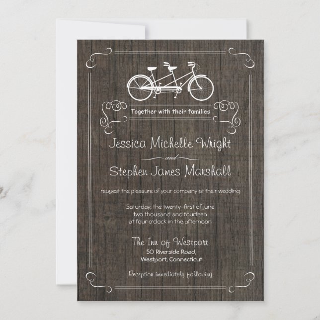 Bicicleta para dos invitaciones de madera rústicas (Anverso)