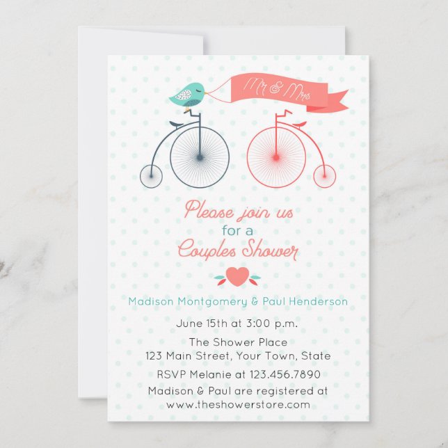 Bicicletas Vintage Pareja Bridal Ducha Invitación (Anverso)
